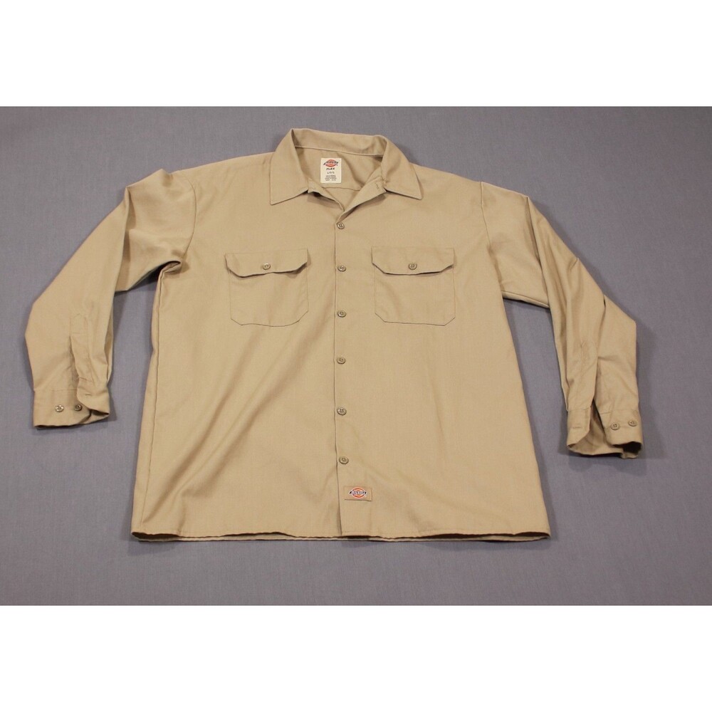Dickies Flex Button Up Shirt Mens Khaki Tan Long Sleeve Work Pockets Casual Sz L